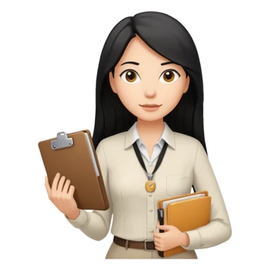 a light tan woman with long black hair past mid-back, round brown eyes, with folders in her hands. she has a id lanyard on and white professional blouse. sticker