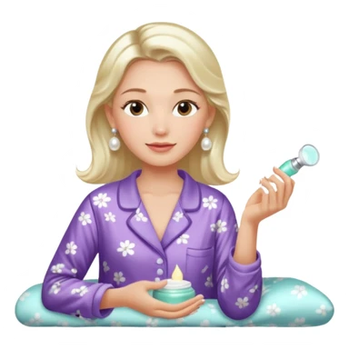 Clean girl aesthetic emoticons, apply skincare products, pearl earrings, glowing skin, pajamas, soft lighting sticker
