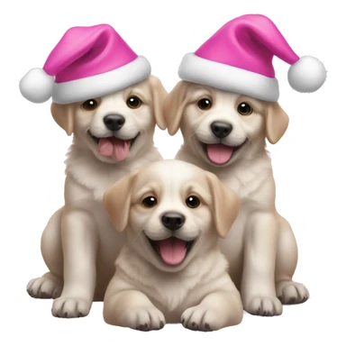 3 happy puppies with pink Christmas hat sticker
