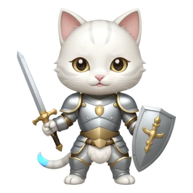 baby chibi white cat in silver armor, full body, smile, hold sword sticker