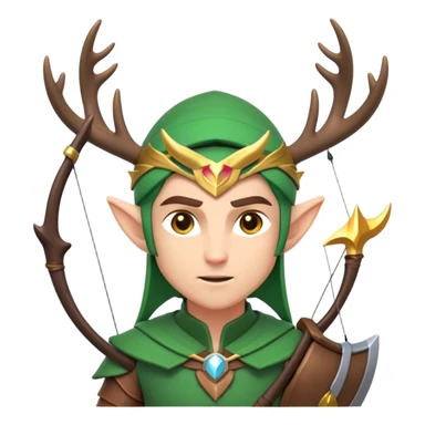 clash-of-clans-aesthetic-focused-elf-archer-portrait-emoji, rendered in a flat, vector-style similar to standard emojis with minimal shading and bold, simplified shapes, head tilted slightly forward with a determined, focused expression, riding a majestic stag with antlers glowing faintly with mystical energy. sticker