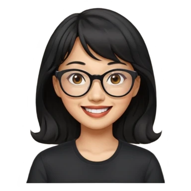 40 yr old asian woman wavy black hair bangs big glasses big smile tanned skin brown eyes sticker