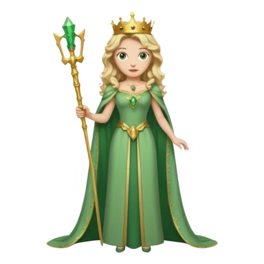 Queen, crown, blonde wavy hair, green eyes, long green narrpw dress, whole Body, sticker