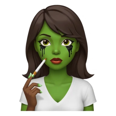 {
  "prompt": "3D cartoon-style green-skinned girl with long brown hair and a side-swept bang. Large brown eyes with black dripping makeup, white V-neck shirt, cigarette in her mouth, dark background. Same proportions and style as the original description.",
  "size": "1024x1024"
} sticker