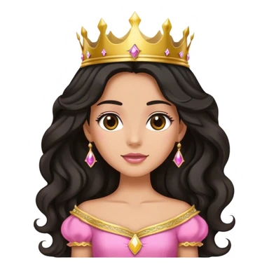 Very very tanned princess, with long black wavy hair and crown and an pink princess outfit sticker