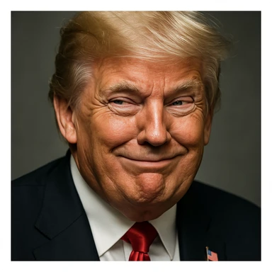 Increase contrast slightly for a more vivid look while keeping the very sly, cunning expression on Donald Trump's face, photorealistic quality, and plain background. The style is photorealistic. sticker