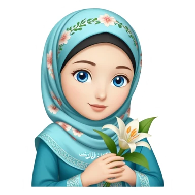 Turkish beautiful finish Konya girl blue eyes with lilies floral hijab islamic dress and had on her hand text Eid Mubarak  sticker