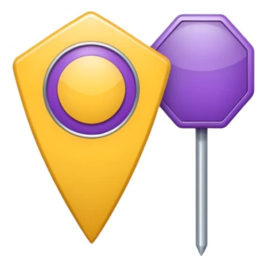 simple, minimalistic yellow (hex#FFD008) and purple (hex#8C52FF) icons of a pin location (round top and sharp bottom) sticker
