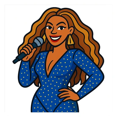 Beyoncé in a cartoon style, wearing a sparkling outfit and holding a microphone sticker