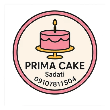 A circular logo for Prima Cake bakery with a pink cake at the center, featuring the text Prima Cake in English and the contact info Sadati 09107811504 below it. The logo should have a pink circular border and a white background, designed to be printable for cake decoration. The style should be elegant and suitable for a bakery sticker