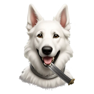 White Shepherd with a sword in his mouth sticker