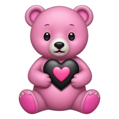 Ready bear with a pink tummy holding a black heart sticker