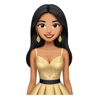 beautiful fit tall woman, with long straight black hair, with make up, black eye liner, smile mooth close, mexican, brown skin, wearing beautiful couture outfit, flirting sticker