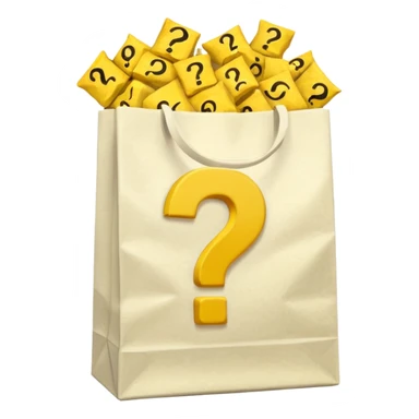 crumbled white goodie bag with yellow questions mark boxes stuffed in it sticker