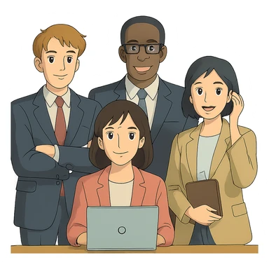 agency team, professional group, modern office, diverse people, clean background, ghibli style sticker
