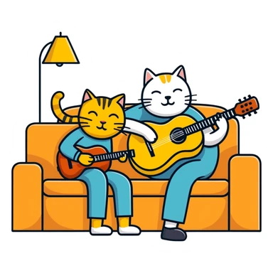  older blind man playing guitar  on the couch with his golden cat  sticker