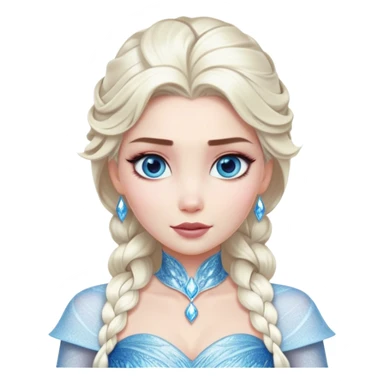 Cinematic Realistic Elsa Portrait, depicted with lifelike skin texture, soft natural lighting, and intricately detailed platinum blonde hair styled elegantly. Her striking, expressive blue eyes exude confidence and grace, complemented by a serene and regal expression. She is dressed in her signature icy attire, with shimmering fabric textures and delicate folds that catch the light beautifully. The portrait features a soft, enchanting glow with a cool, radiant finish, capturing the essence of timeless elegance in a realistic and painterly style, evoking a sense of depth and authenticity. sticker