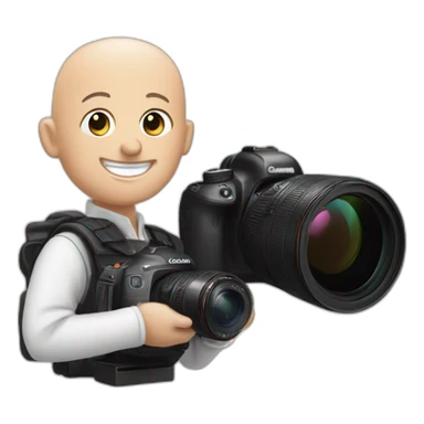 white baldy photographer smiling with a canon r5 sticker