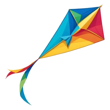 A colorful kite soaring high in the sky on a sunny day, with a long, flowing tail trailing behind. The background features an open field or beach, capturing the joy and freedom of flying kites, with gentle winds and a peaceful atmosphere. sticker