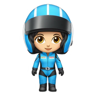 Piloto mulher morena de kart macacão da cor azul e preto e capacete branco e azul sticker