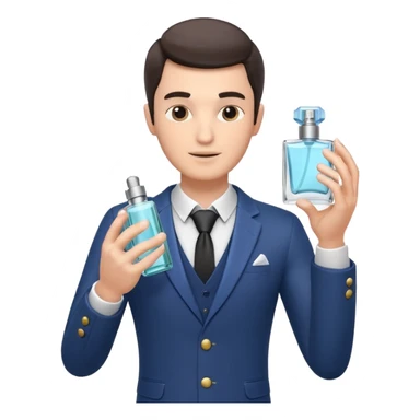 stylish man spraying perfume, holding a perfume bottle, mist spray in the air, elegant pose, 3D cartoon, mobile game icon style, clean background, no text, no watermark

 sticker