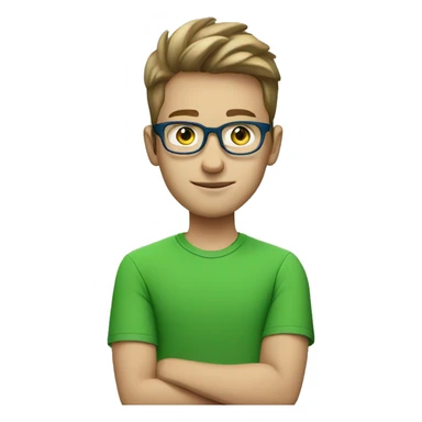 white young man with square glasses and blue eye wearing green t-shirt using laptop  sticker