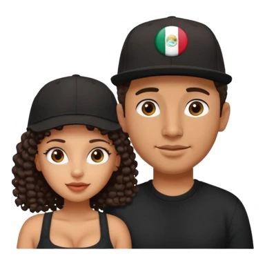 A picture of a cute tanned couple. the man is Mexican, with a bald hair cut wearing a SnapBack hat and a black shirt. the woman is mixed, she has curly longer dark brown hair, wearing no hat, and with big boobs  sticker