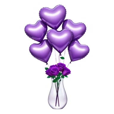 "A cluster of metallic heart-shaped balloons in varying shades of purple, floating beside a sleek glass vase filled with matching roses."
 sticker