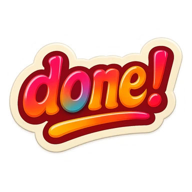 colorful 'done!' rubber stamp mark, bold and playful, sticker-like outline, no background sticker