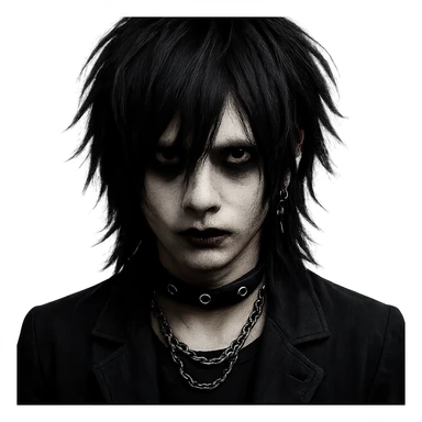 Vkei style boy with medium long black hair, emo, shaggy hairstyle, dark, creepy expression sticker