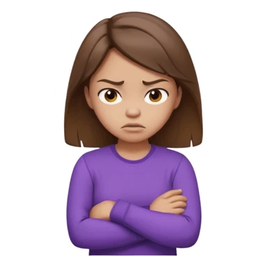 Girl with brown hair crossing arms in front of her chest and making an angry face with a purple longsleeve shirt on and be more pouty make her skin lighter sticker