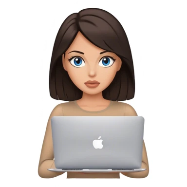 Glamours tanned very beautiful girl with big pump peach lips and dark chocolate straight smooth long hair, blue-grey eyes in brown/beige bodysuit with MacBook sticker