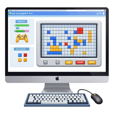 Professional icon for Game Design: computer screen with game interface, 3D models, pixel art, and design tools like grid, wireframe, and stylus. Symbolizes the technical and creative process of game development. Transparent background. sticker