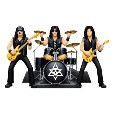 Icon for Heavy Metal: Anthrax live concert with Charlie Benante on drums, Joey Belladonna on vocals, Frank Bello on bass, Jonathan Donais and Scott Ian on guitars. The intense energy of the band is captured with instruments and stage lighting. Transparent background. sticker