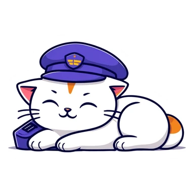 emoji of sleeping cat, its pose is lying, it has on his head FedEx uniform cap sticker