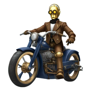 C-3PO wearing a pair of navy-blue rimmed steampunk goggles, hat, leather chaps, fringe jacket riding a fast 3 wheeler trike steampunk motorcycle on ice  sticker