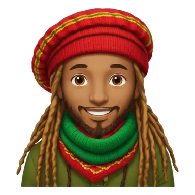“Create a powerful illustrated portrait of a smiling man with long dreadlocks, wearing a colorful red, gold, and green knitted tam. The background has jungle leaves and warm lighting. Style: vibrant digital art, modern, bold lines, reggae vibe. With a Amsterdam colour scarf around his neck sticker