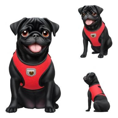 Black pug smiling in red harness sticker