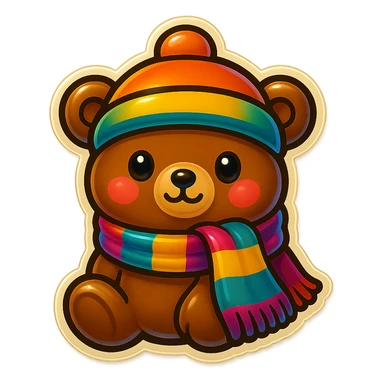 Add a colorful scarf to the cute cartoon bear with a hat, keep the fun and friendly retro stickers style, no background. sticker