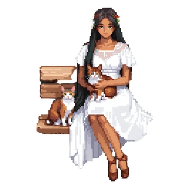 beautiful girl with long black hair in a white dress holding an Abyssinian cat with reddish-brown fur, sitting on a bench sticker