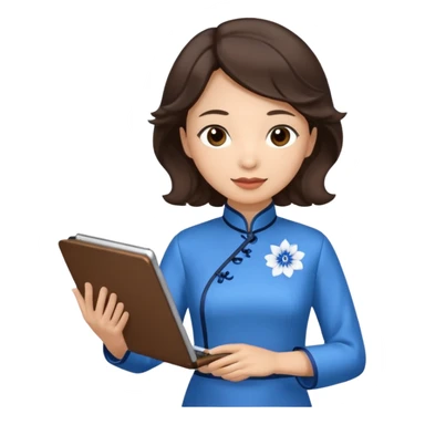 Teacher emoji but : wavy dark brown hair, light skin, no glasses, dark eyes, with a computer folder in the hand, being a teacher, wearing a chinese qipao (brown & blue) 

 sticker