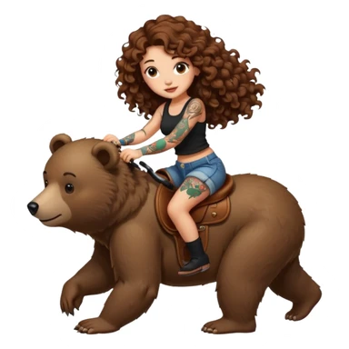 cute woman long curly brown hair tattoos riding bear sticker
