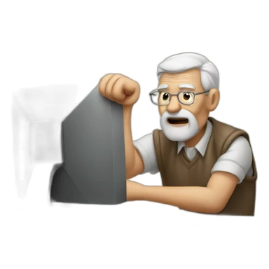 Old man shakes fist at computer sticker