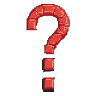 Large red question mark symbol on black background, pixelated sticker