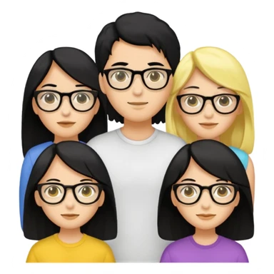 4 persons， 2 female， 2 male, 2male in the middle and 2 female in the side, one female wearing glasses and is black hair, yellow skin, both female are long hair sticker