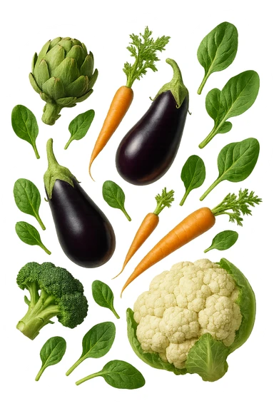 Carciofi, melanzane, carote, spinaci, broccoli, cavolfiore FLUTTUANO IN ARIA, IPERREALISTICO 4K sticker