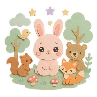 soft kawaii forest scene with fluffy pastel bunny (round baby face, big sparkling eyes, pink blush), surrounded by cute squirrel, bear, fox, and bird, in a soft pastel green forest with soft clouds, dreamy pastel stars, mushrooms, hand-crafted paper texture, soft pastel tones, high resolution sticker