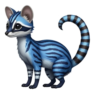 Feral Rare Fantasy iridescent scaly  shaded detailed deep-dark-cobalt-blue-gradients-colored colorful Genet-Trico-Civet-Cacomistle-Margay-species by LiLaiRa,, with white stripes with dark-blackish points, white belly, random markings, tufted tail, tufted ears, full body sticker