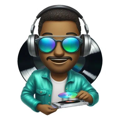 A dj wearing sunglasses playing music holding a cd record record, vinyl, oilslick holographic sticker