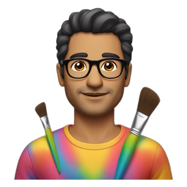 latino man glasses without moustache with rainbow clothes and flowers on face and paintbrush sticker